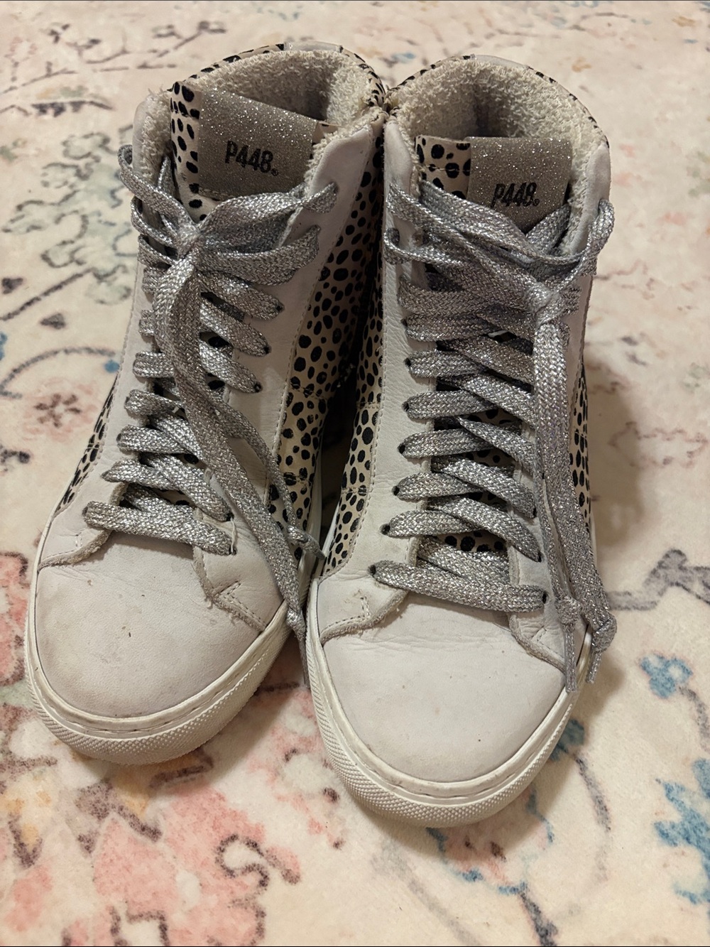 P448 Women's High-Top Sneakers in White with Silver Laces and Black Spot Detail.